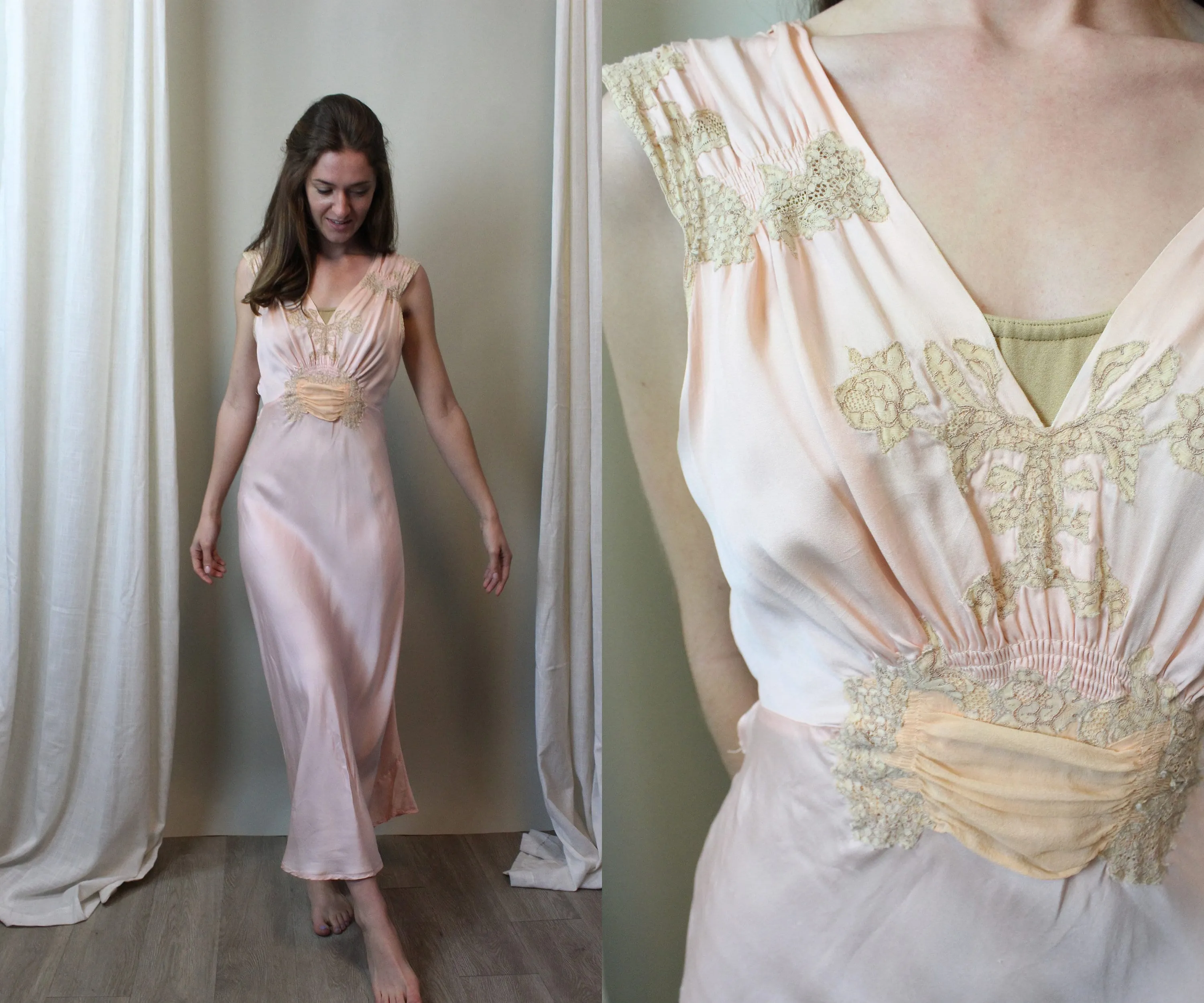 1930s RAYON BIAS cut applique chiffon slip dress nightgown small | new spring