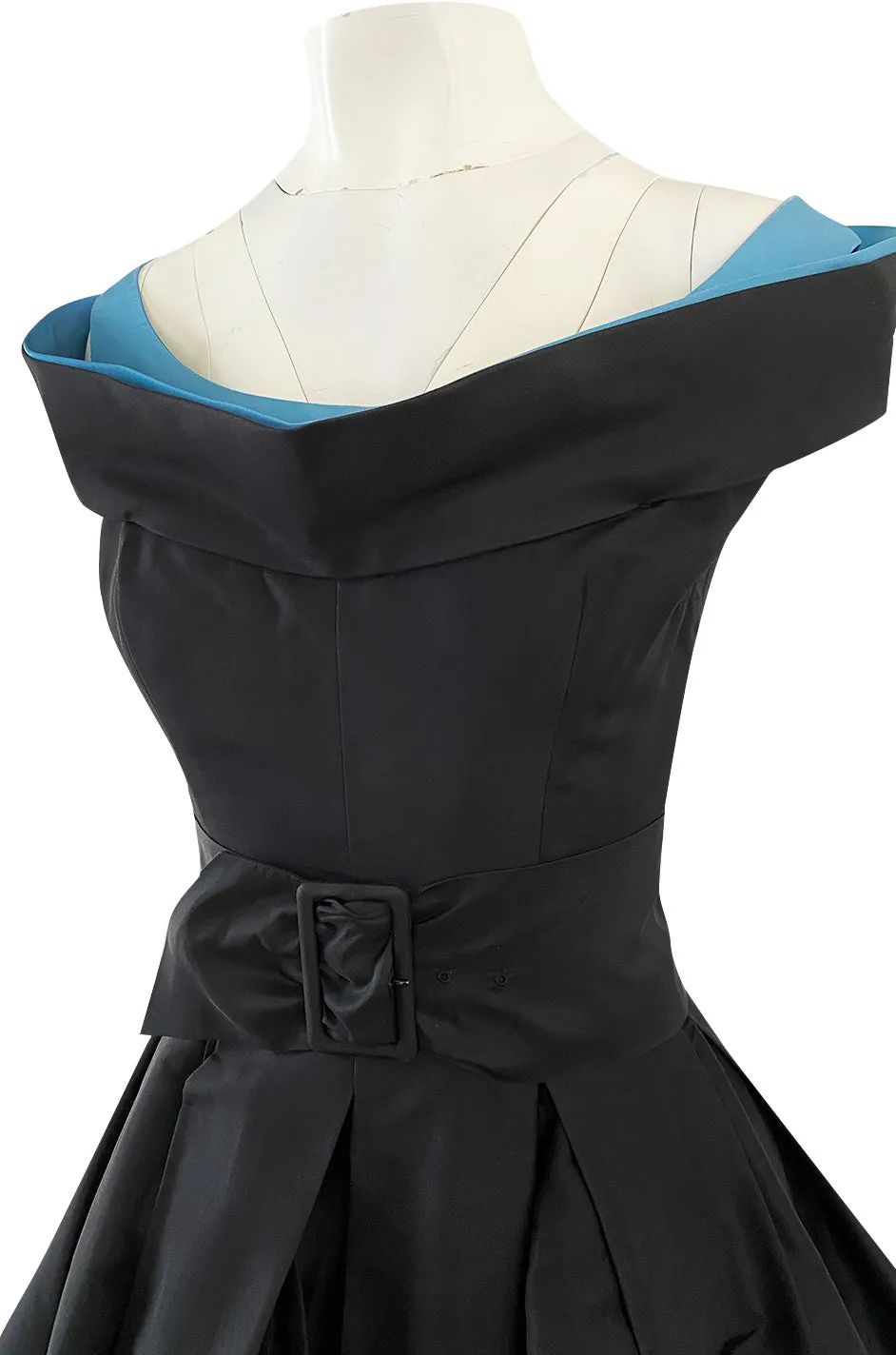 1950s Nettie Rosenstein Black Silk Full Skirted Dress w Interesting Blue Trim Neckline