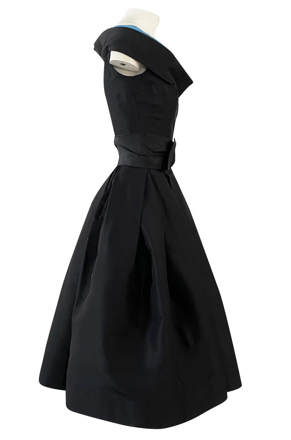 1950s Nettie Rosenstein Black Silk Full Skirted Dress w Interesting Blue Trim Neckline