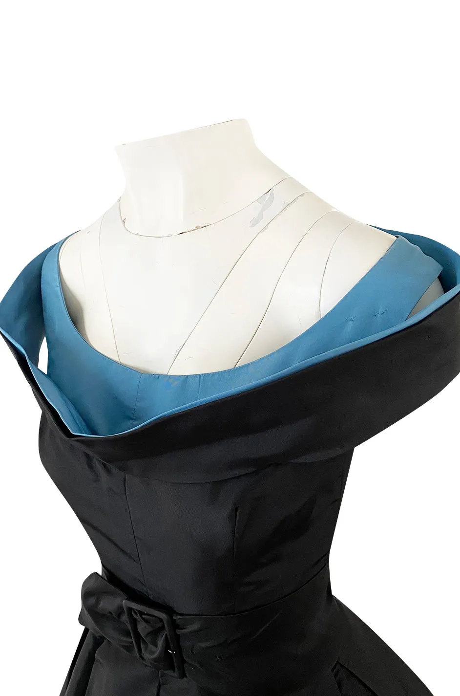 1950s Nettie Rosenstein Black Silk Full Skirted Dress w Interesting Blue Trim Neckline