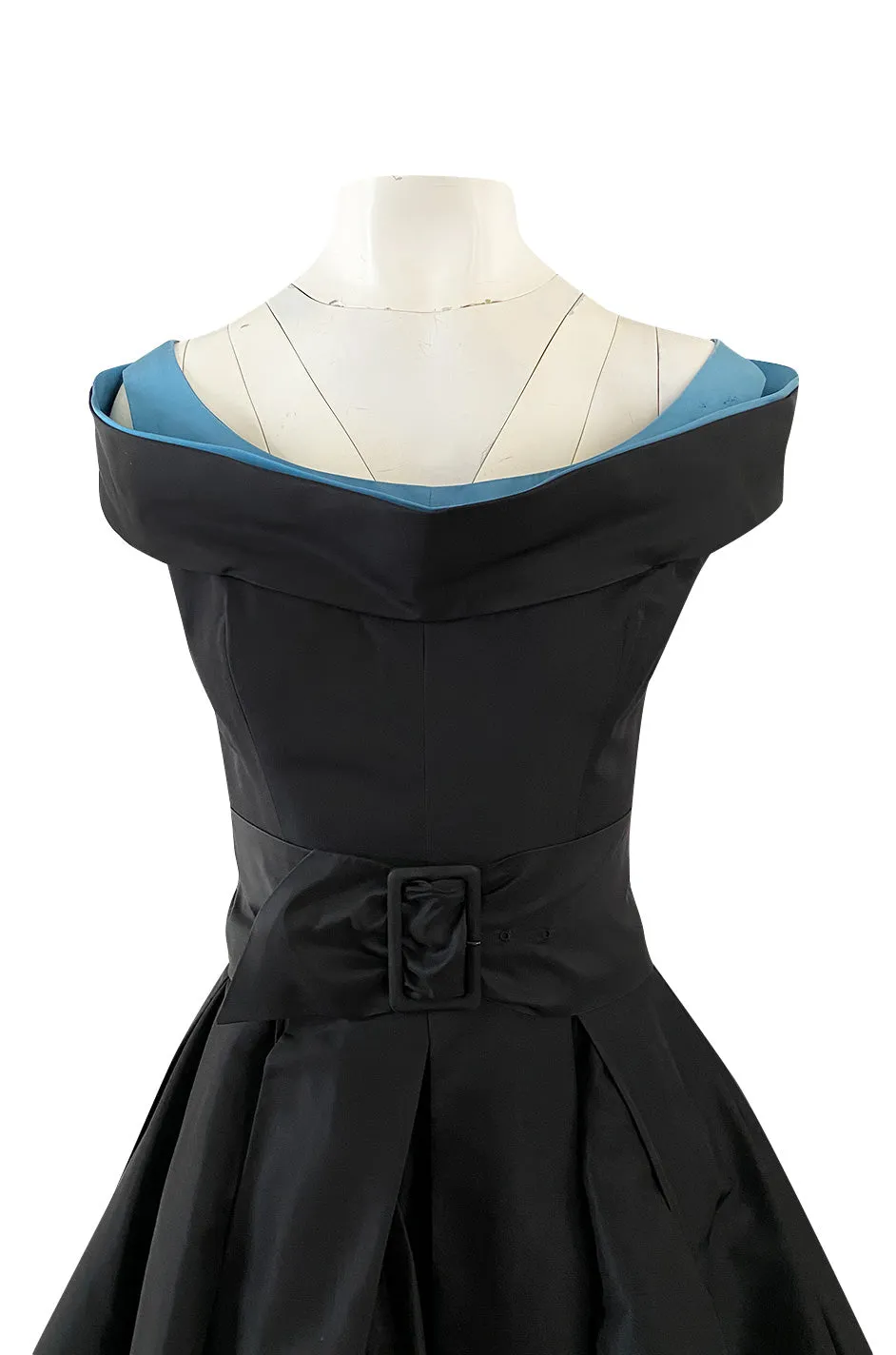 1950s Nettie Rosenstein Black Silk Full Skirted Dress w Interesting Blue Trim Neckline