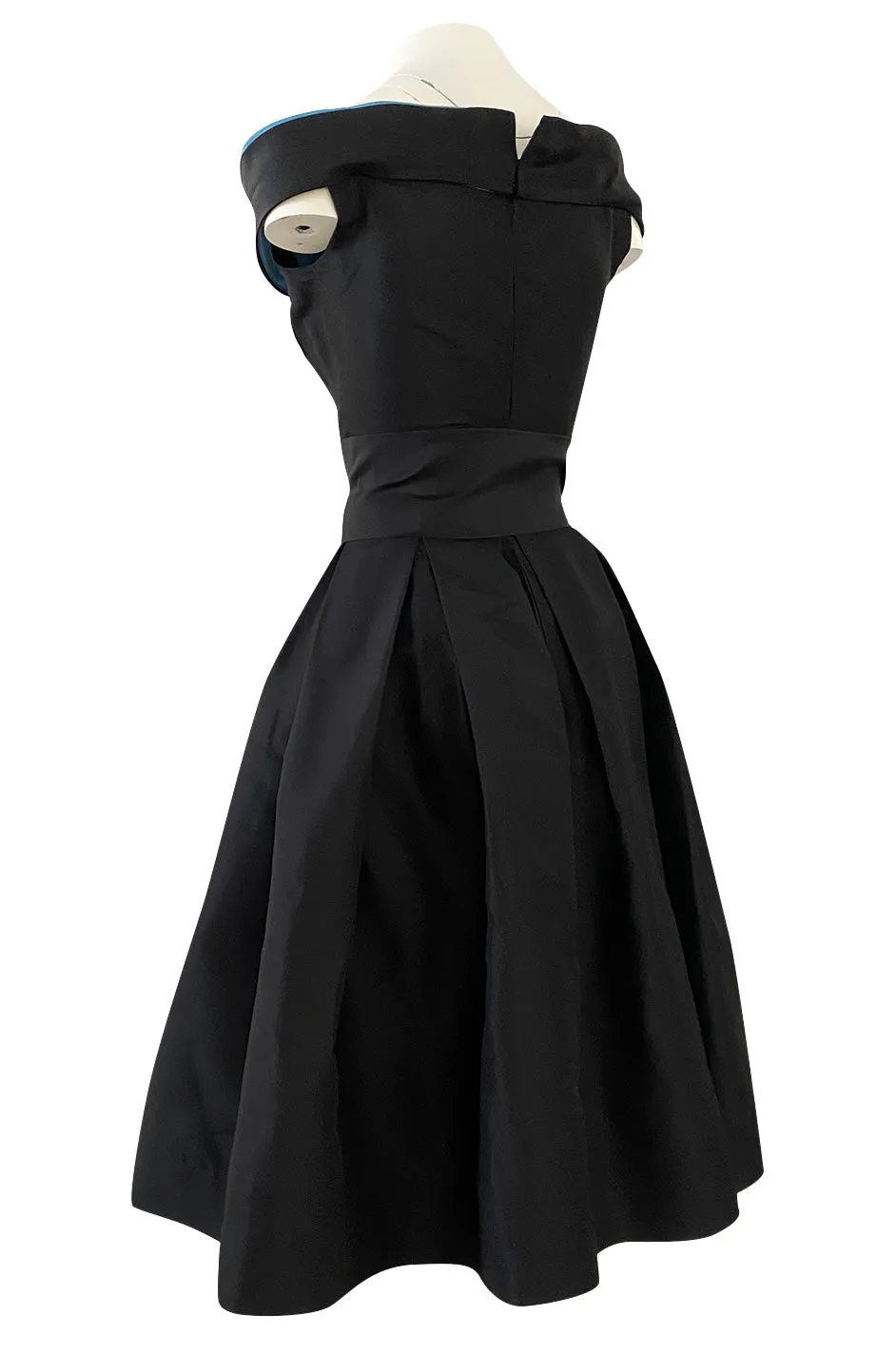 1950s Nettie Rosenstein Black Silk Full Skirted Dress w Interesting Blue Trim Neckline