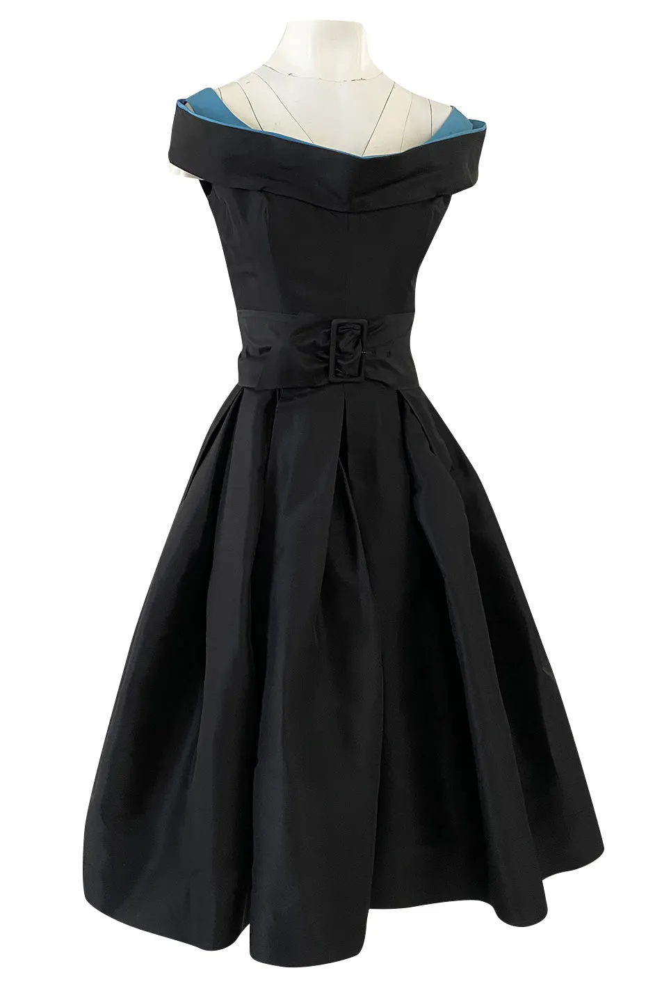 1950s Nettie Rosenstein Black Silk Full Skirted Dress w Interesting Blue Trim Neckline