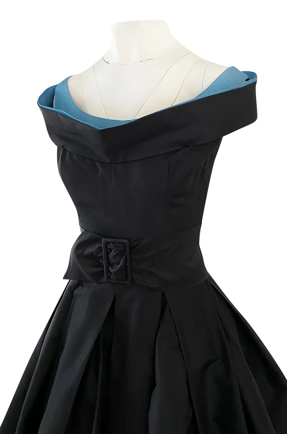 1950s Nettie Rosenstein Black Silk Full Skirted Dress w Interesting Blue Trim Neckline