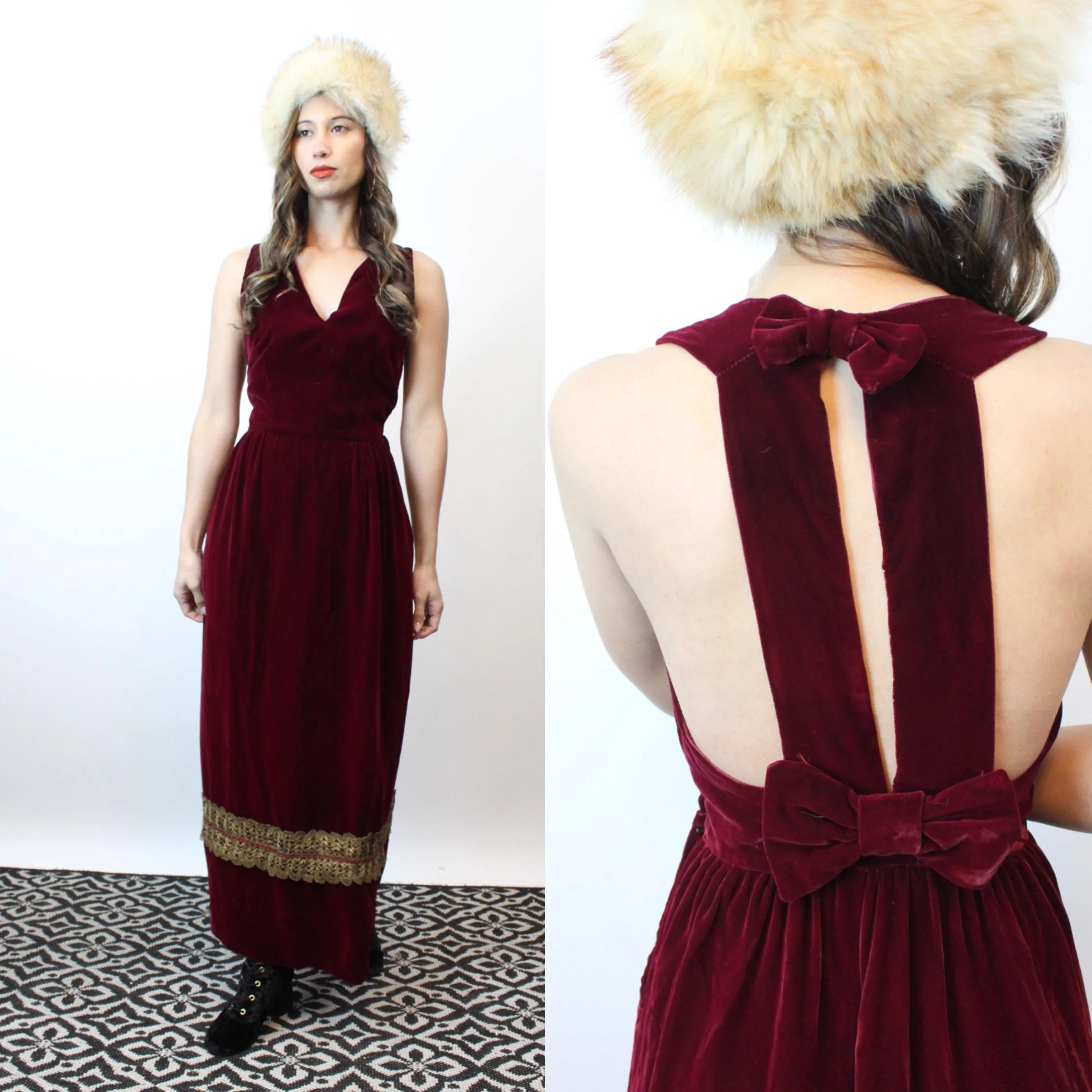 1960s WINE VELVET maxi dress OPEN back xs | new fall winter