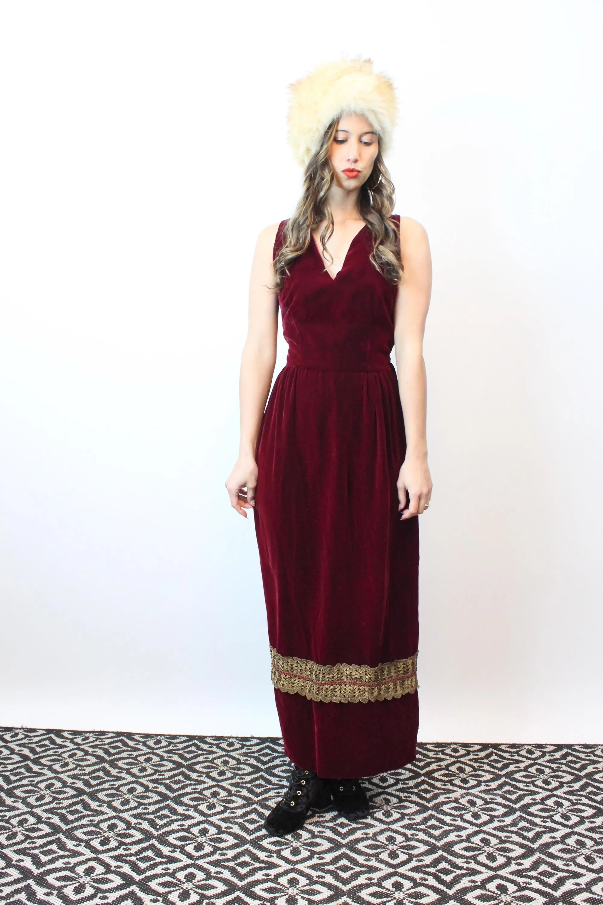 1960s WINE VELVET maxi dress OPEN back xs | new fall winter