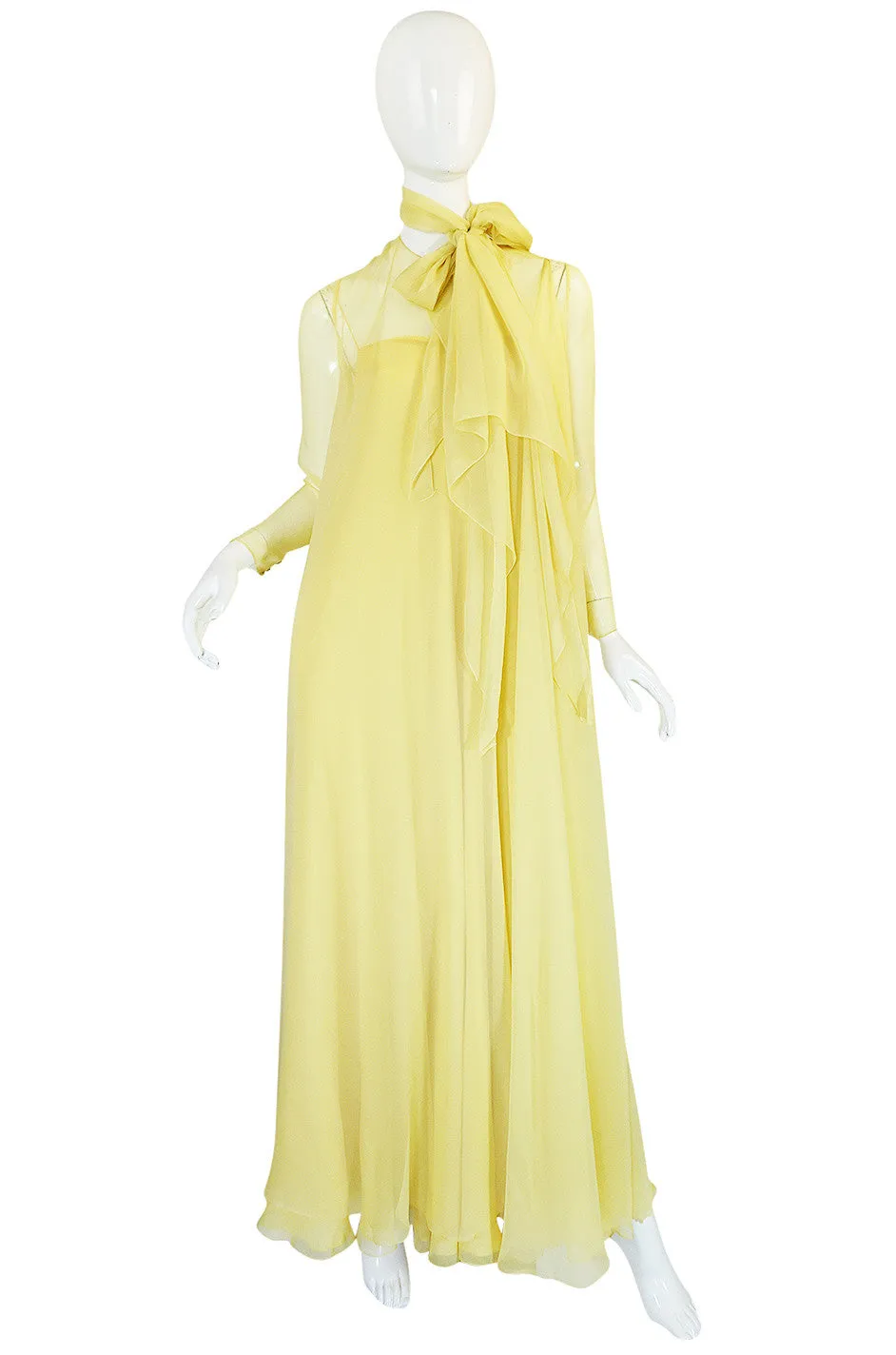 1970s Yellow Silk Chiffon Stavropoulos Caftan Dress