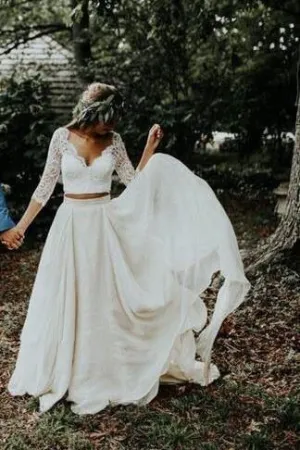 2 Piece Boho Wedding Dress with Lace Sleeves Chiffon Skirt