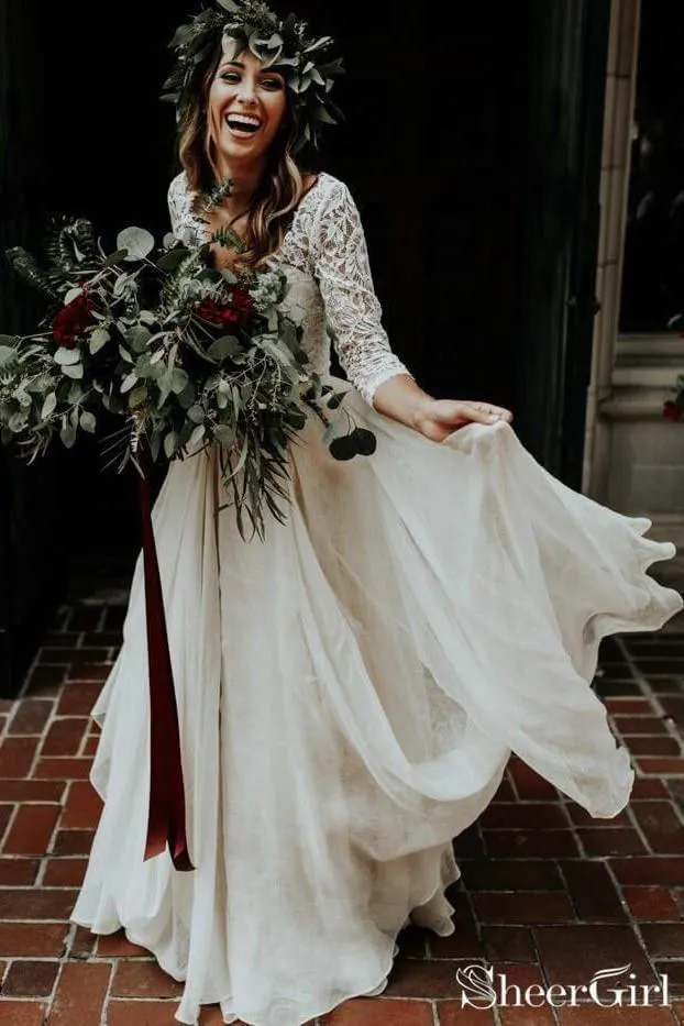 2 Piece Boho Wedding Dress with Lace Sleeves Chiffon Skirt