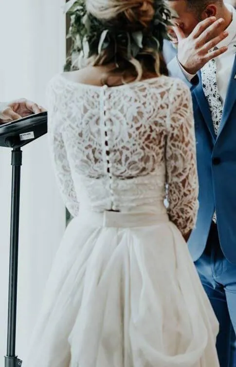 2 Piece Boho Wedding Dress with Lace Sleeves Chiffon Skirt