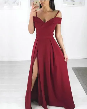 2019 Burgundy Satin Prom Dresses with Split Off The Shoulder Long Pageant Gowns New