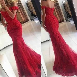 2025 Lace Red Prom Dresses Off-the-shoulder Mermaid Appliques Gowns