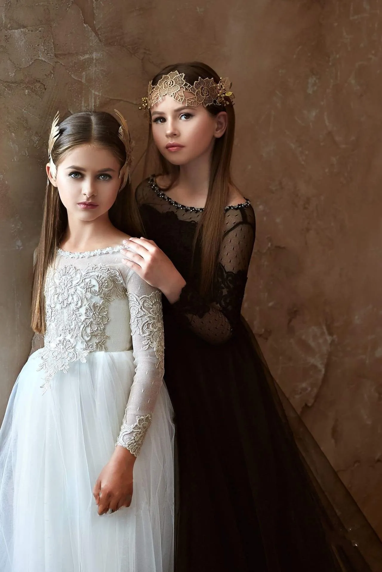 2358 Junior Bridesmaid Long Sleeve Contrast Lace Flowing Gown