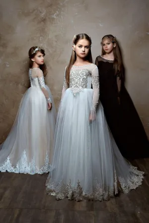 2358 Junior Bridesmaid Long Sleeve Contrast Lace Flowing Gown