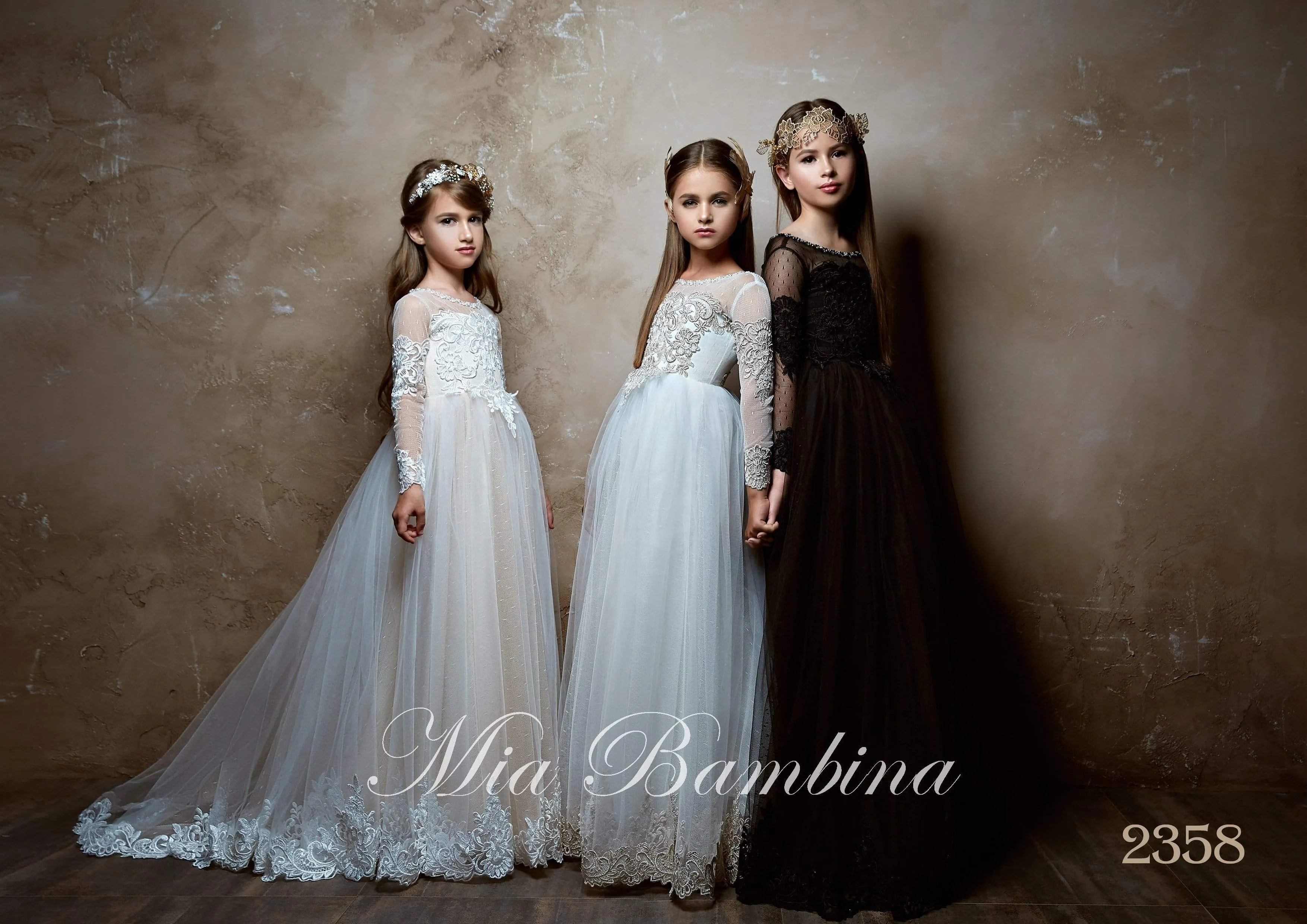 2358 Junior Bridesmaid Long Sleeve Contrast Lace Flowing Gown