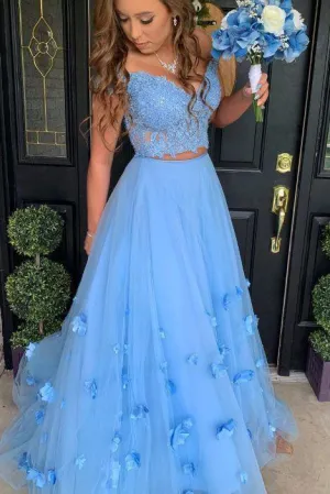3D Flowers Blue Two Piece Graduation Gowns Off Shoulder A-line Long Prom Dress OKV72