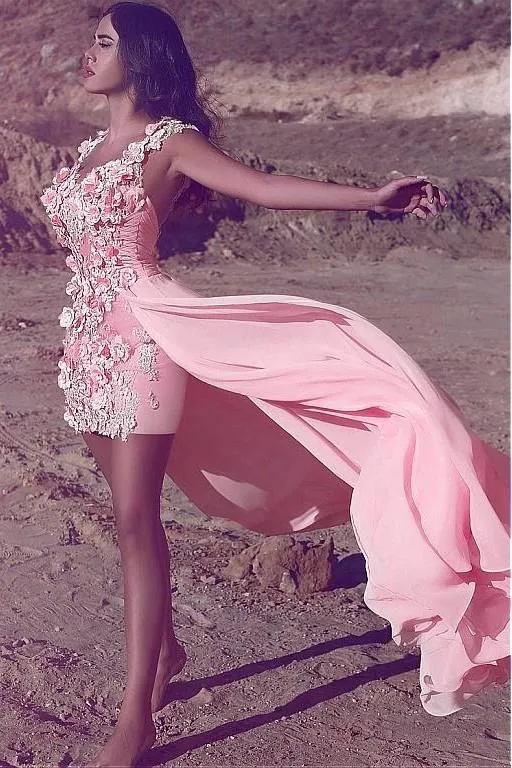 3D Flowers Lace Pink Short Prom Gown with Chiffon Overskirt