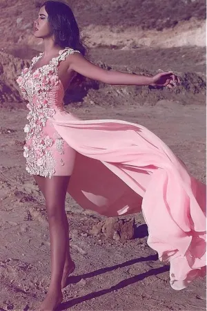 3D Flowers Lace Pink Short Prom Gown with Chiffon Overskirt