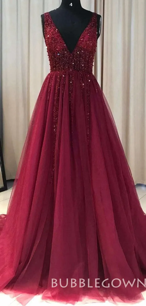 A-line Burgundy Tulle Beaded Long Evening Prom Dresses, MR8087