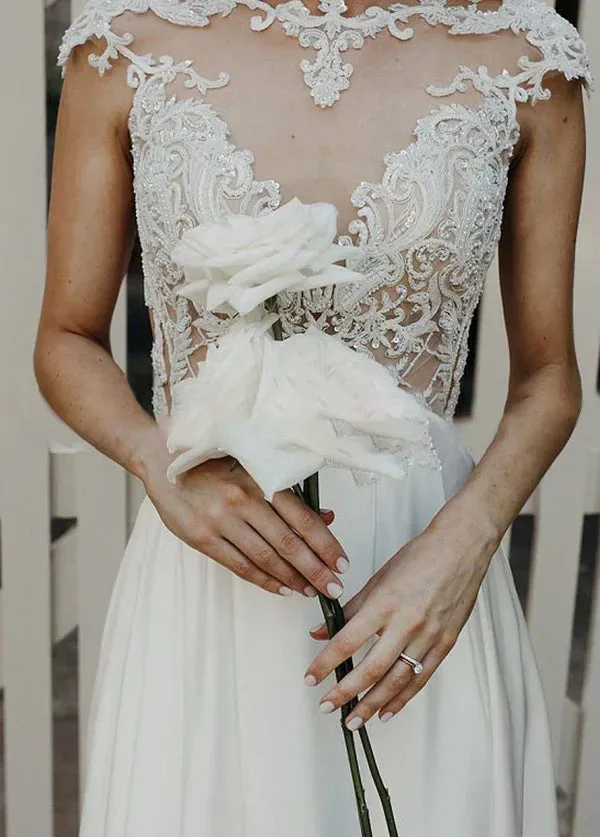 A-Line Cap Sleeve Long Backless Wedding Dresses with Appliques