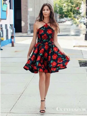 A-Line Cross V-Neck Above Knee Floral Satin Homecoming Dresses, TYP2019