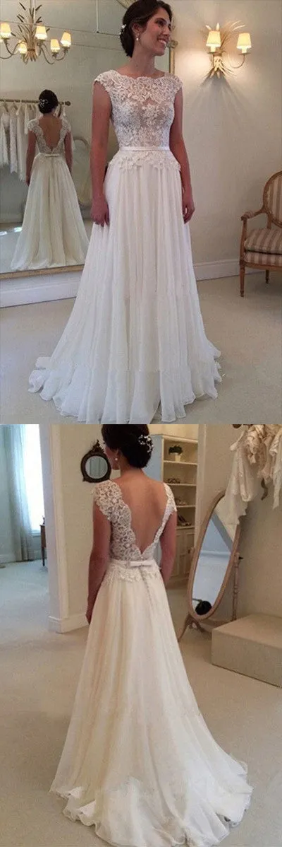 A-line Lace Beach Wedding Dress, Top Backless Cheap Long Ball Gowns,SW57