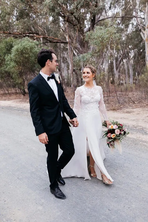 A-line Lace Long Sleeves Round Neck Slit Wedding Dress, Wedding Gowns, MW762