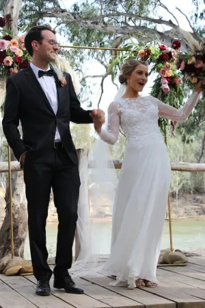 A-line Lace Long Sleeves Round Neck Slit Wedding Dress, Wedding Gowns, MW762