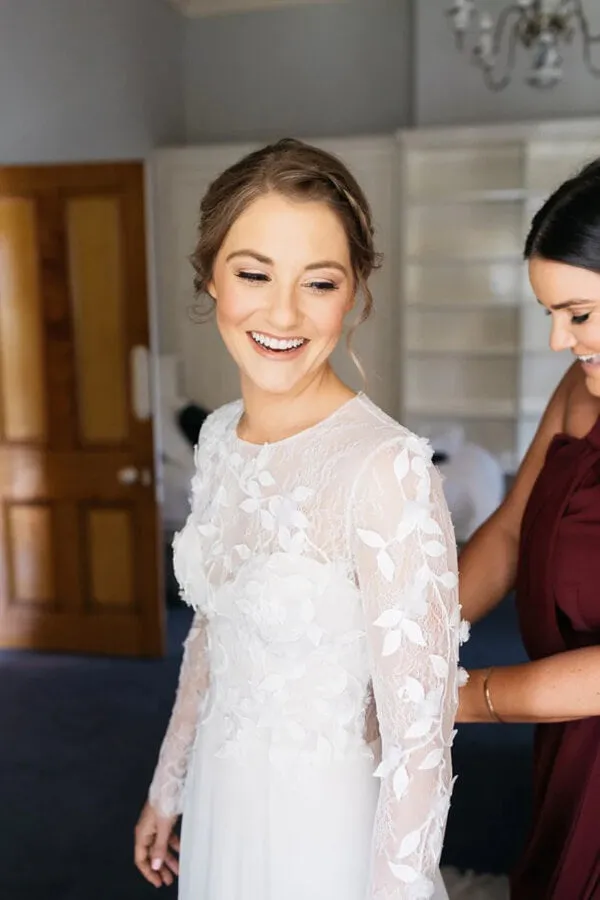 A-line Lace Long Sleeves Round Neck Slit Wedding Dress, Wedding Gowns, MW762