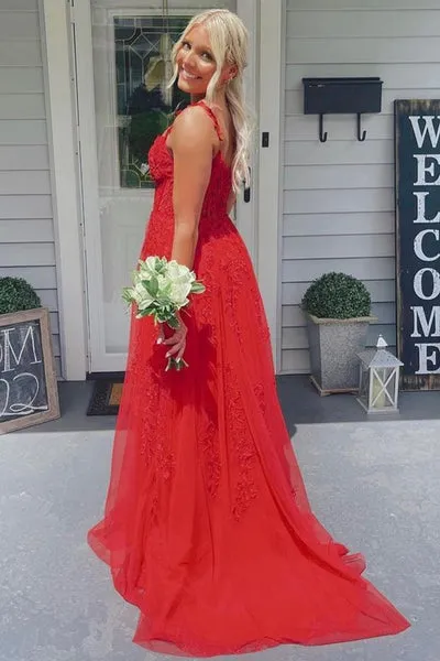 A Line Long Red Lace Graduation Dresses V Neck Split
