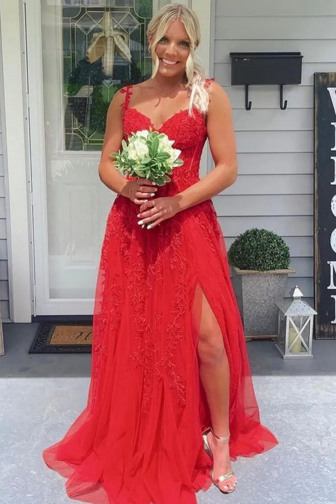 A Line Long Red Lace Graduation Dresses V Neck Split