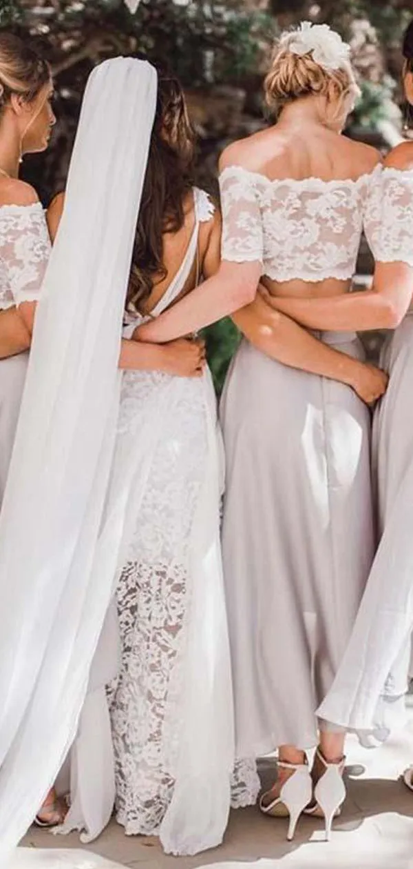 A-line Off Shoulder Two Pieces Short Custom Bridesmaid Dresses , BN1308