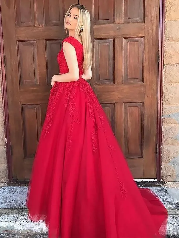 A Line Red Lace Prom Dresses Sleeveless V Neck Formal Dresses