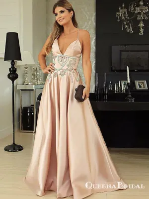 A-Line Spaghetti Straps Long Pink Prom Dresses with Beading, QB0496