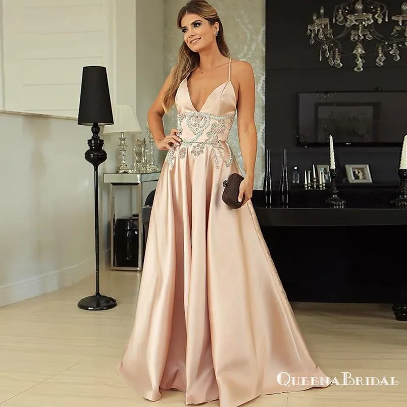 A-Line Spaghetti Straps Long Pink Prom Dresses with Beading, QB0496