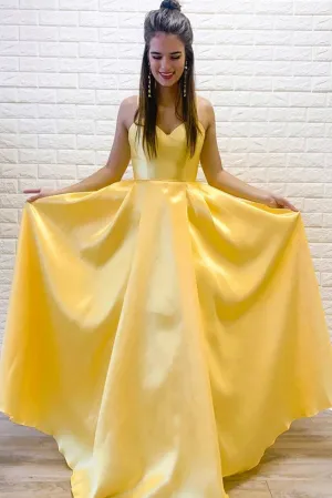 A Line Spaghetti Straps Sleeveless Long Bright Yellow Satin Prom Dresses Evening Dress OHC331