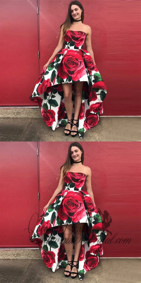 A-Line Strapless Sleeveless High Low Floral Red Satin Prom Dresses Online, QB0253