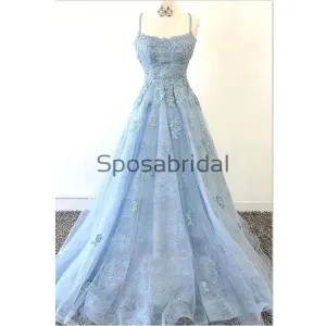 A-line Straps Blue Lace Elegant Hot Long Prom Dresses PD2163