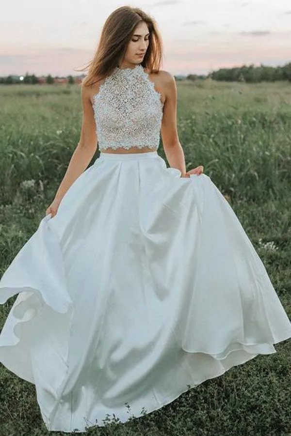 A-line Two Pieces Lace Top Wedding Dresses With Pockets, Bridal Gown, MW837