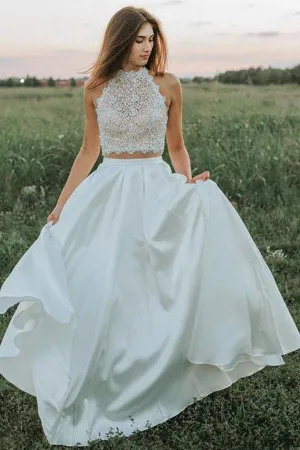 A-line Two Pieces Lace Top Wedding Dresses With Pockets, Bridal Gown, MW837