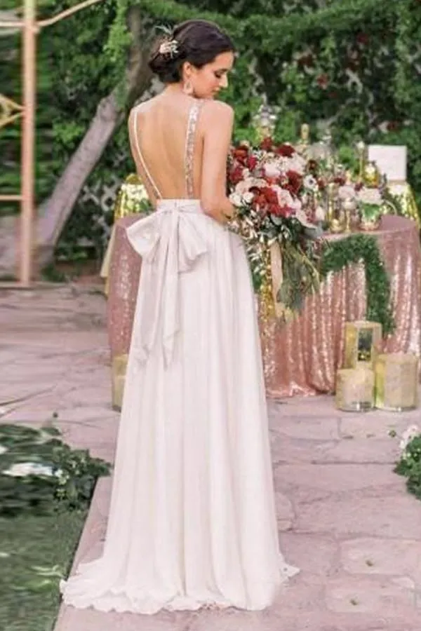 A-Line V-Neck Backless White Chiffon Bridesmaid Dress With Sequins  TY0022