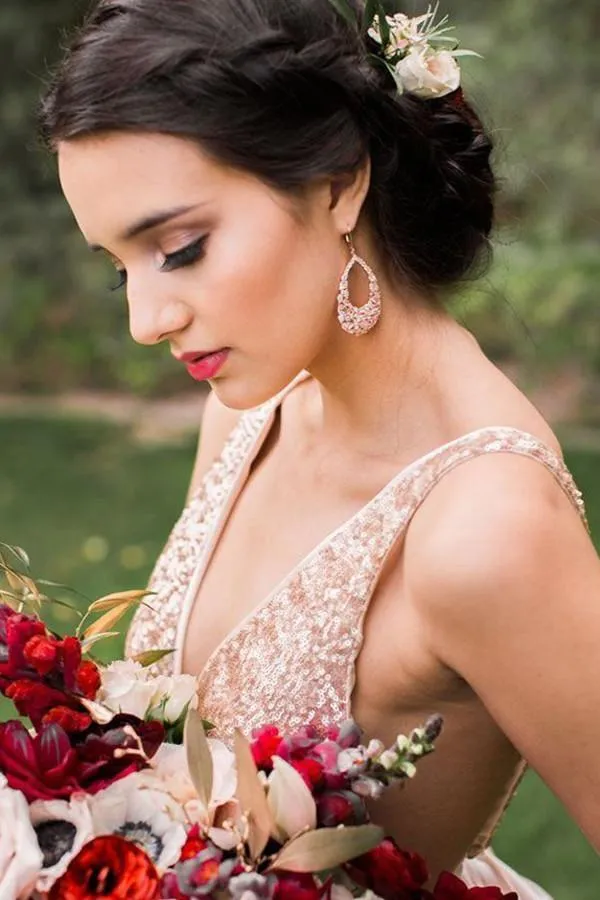A-Line V-Neck Backless White Chiffon Bridesmaid Dress With Sequins  TY0022