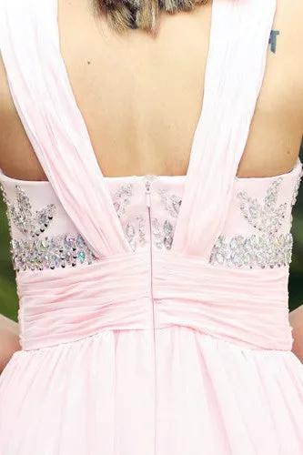 A-line V-neck Floor Length Chiffon Rhinestone Backless Prom Dress