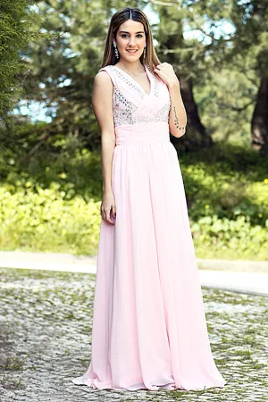 A-line V-neck Floor Length Chiffon Rhinestone Backless Prom Dress