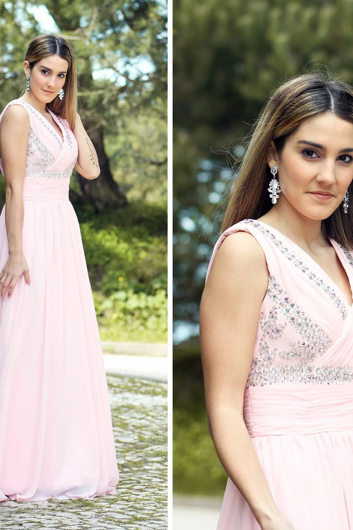 A-line V-neck Floor Length Chiffon Rhinestone Backless Prom Dress