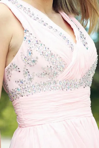 A-line V-neck Floor Length Chiffon Rhinestone Backless Prom Dress