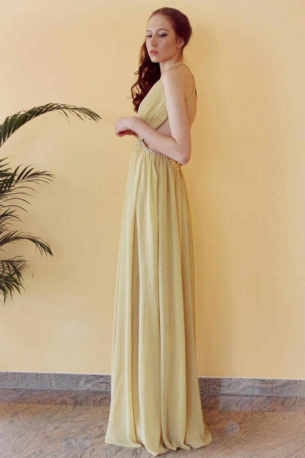 A-line V-neck Halter Floor Length Chiffon Rhinestone Backless Prom Dress