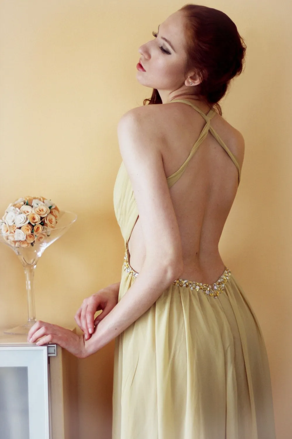 A-line V-neck Halter Floor Length Chiffon Rhinestone Backless Prom Dress