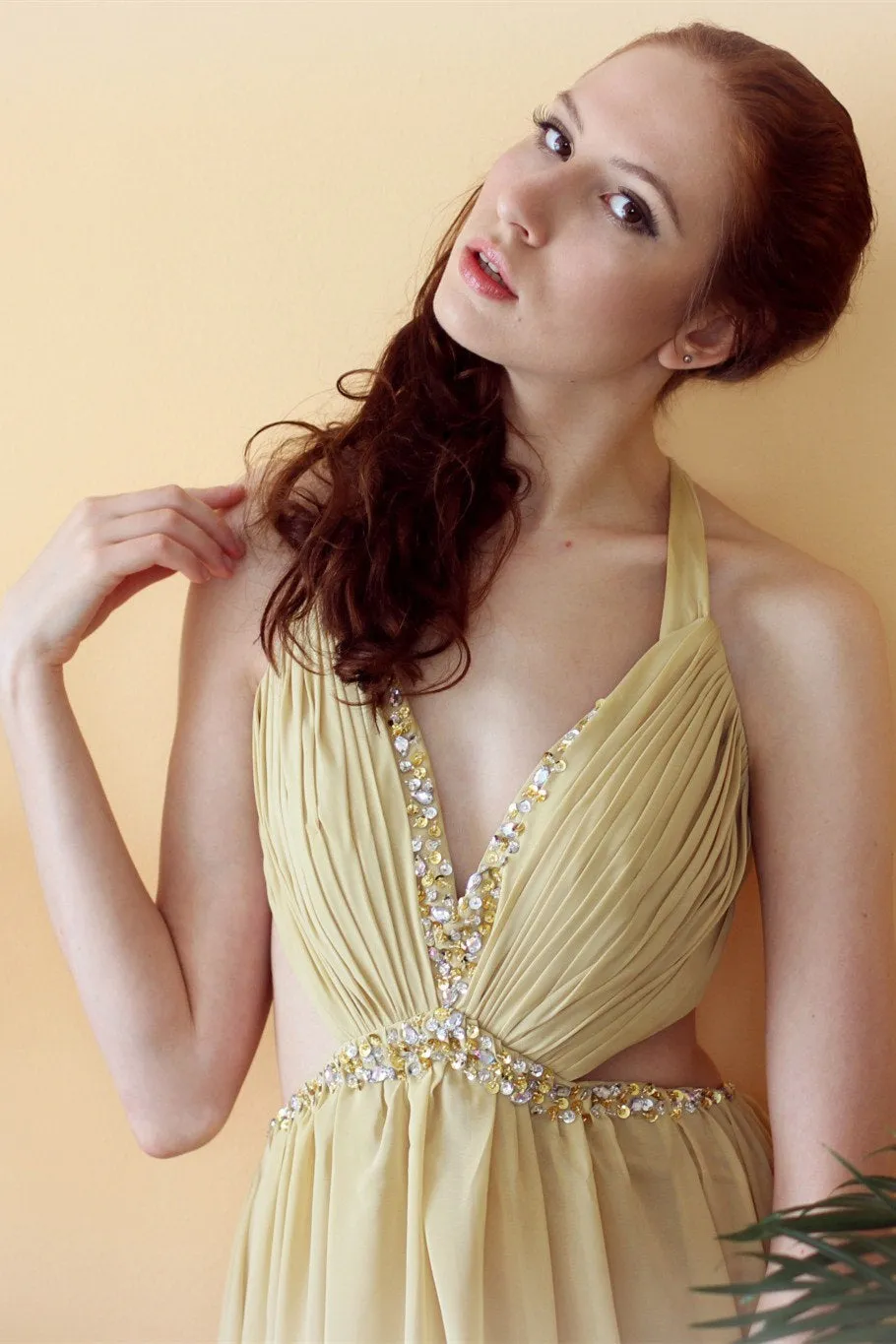 A-line V-neck Halter Floor Length Chiffon Rhinestone Backless Prom Dress