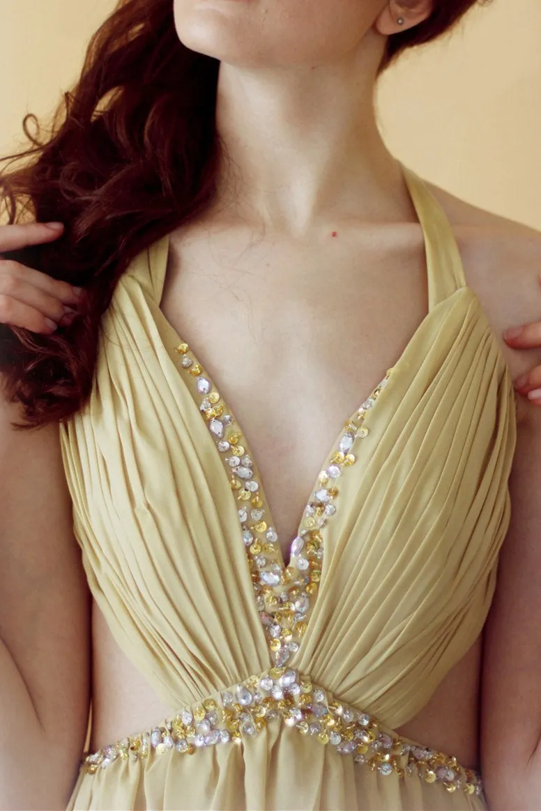 A-line V-neck Halter Floor Length Chiffon Rhinestone Backless Prom Dress